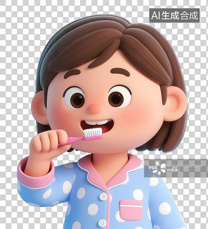 【AI数字艺术】穿着睡衣正在刷牙的女孩3D卡通免抠元素图片素材