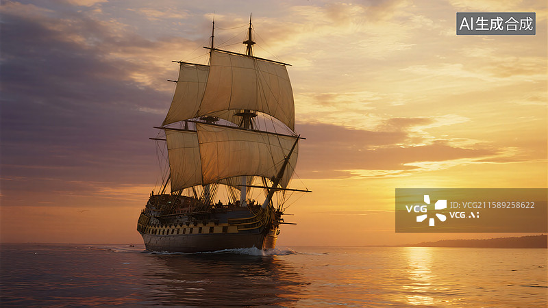 【AI数字艺术】夕阳下的史诗帆船图片素材