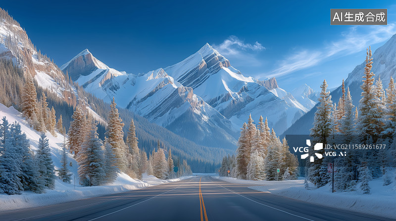 【AI数字艺术】冬日雪山公路图片素材