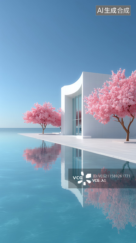 【AI数字艺术】海上玻璃屋与樱花树图片素材