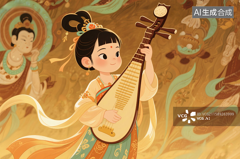 【AI数字艺术】中国壁画为背景，穿着汉服的女子正在弹奏琵琶图片素材
