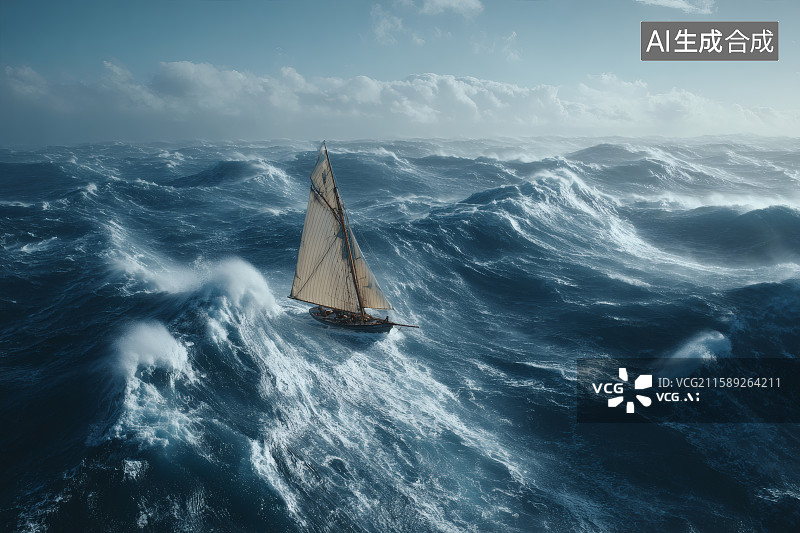 【AI数字艺术】汹涌的海浪，海面上一艘帆船，艰难的前行图片素材