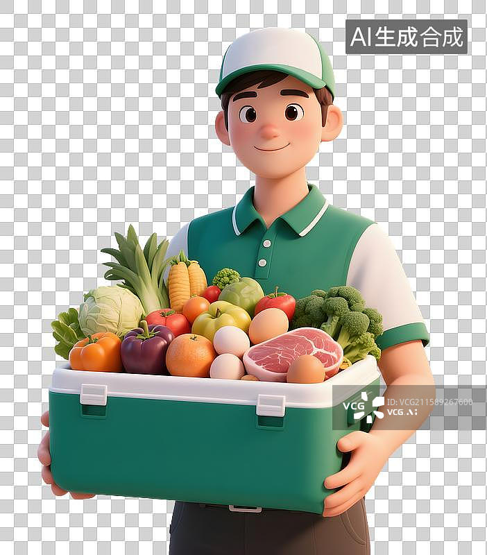 【AI数字艺术】拿着一筐新鲜蔬果的年轻人3D免抠元素图片素材