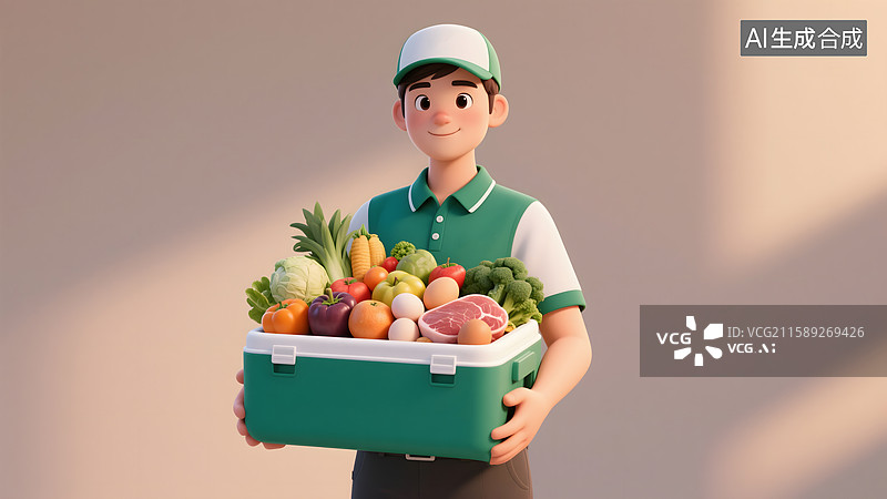 【AI数字艺术】拿着一筐新鲜蔬果的年轻人3D卡通背景图片素材