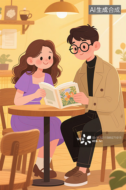 【AI数字艺术】卡通情侣一起看书图片素材