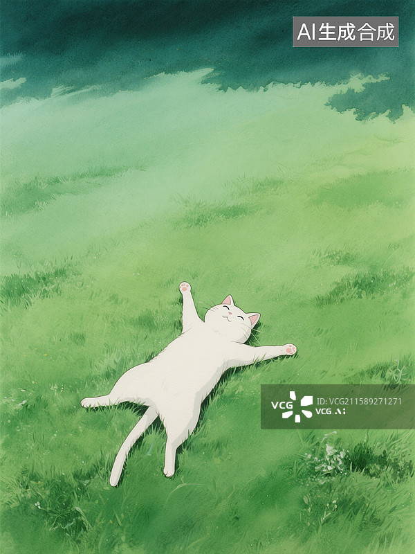 【AI数字艺术】绿色草地上躺着一只白色的猫手绘插画图片素材