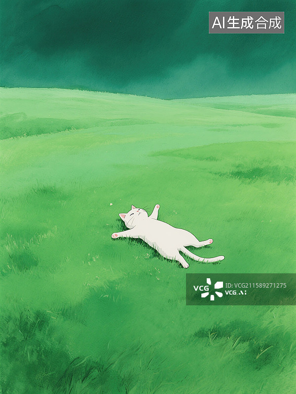 【AI数字艺术】绿色草地上躺着一只白色的猫手绘插画图片素材