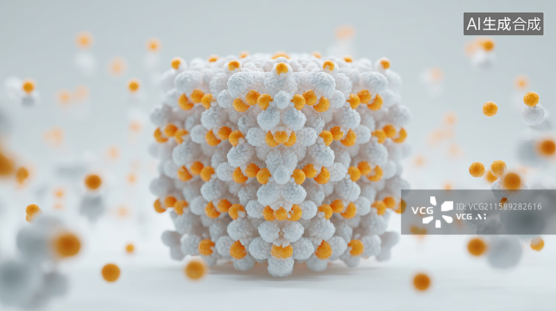 【AI数字艺术】立体分子球体结构白色与橙色分子单元组合象征科技与生物学交汇图片素材
