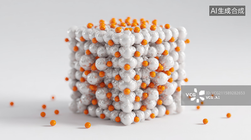 【AI数字艺术】立体分子球体结构白色与橙色分子单元组合象征科技与生物学交汇图片素材