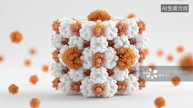 【AI数字艺术】立体分子球体结构白色与橙色分子单元组合象征科技与生物学交汇图片素材