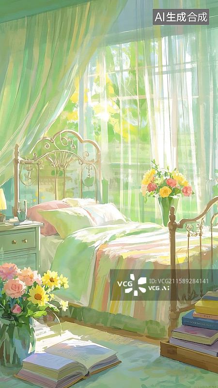 【AI数字艺术】阳光下的卧室：宁静与温馨图片素材