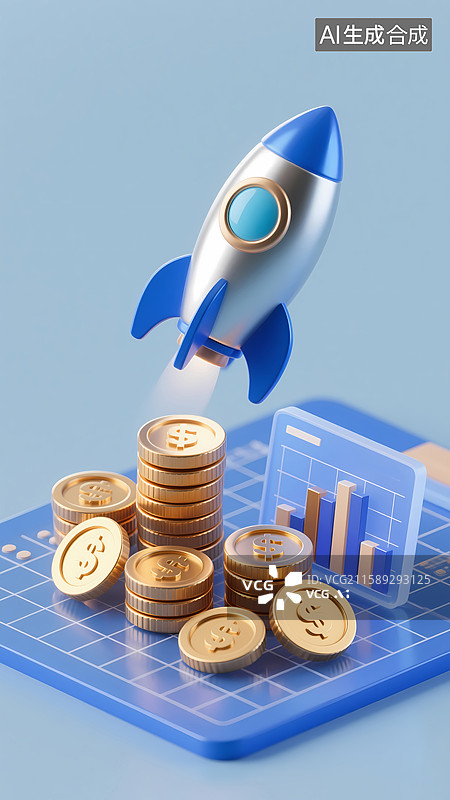 【AI数字艺术】火箭从金币堆中起飞的商务场景图片素材