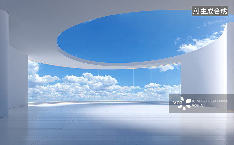 【AI数字艺术】现代室内空间与蓝天圆窗图片素材