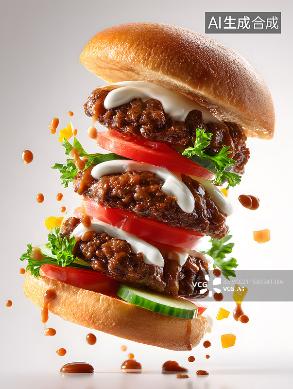 【AI数字艺术】三层牛肉汉堡悬浮展示图片素材