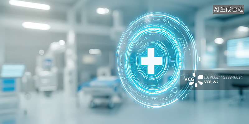 【AI数字艺术】医院医疗设备背景下的发光医疗红十字图标图片素材