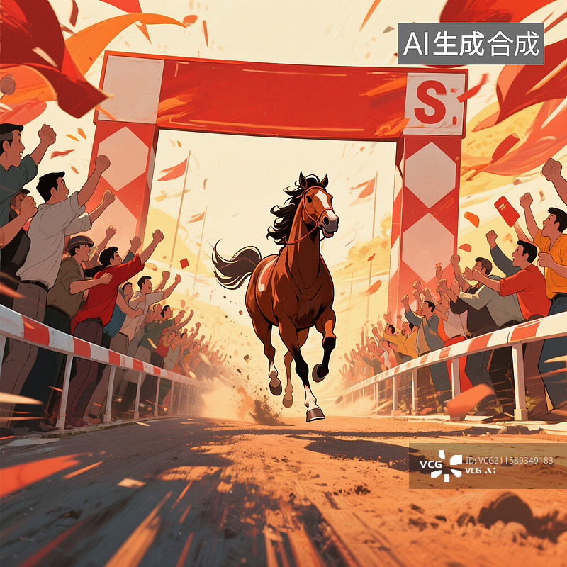 【AI数字艺术】赛马比赛，奔马冲向终点，马到成功图片素材