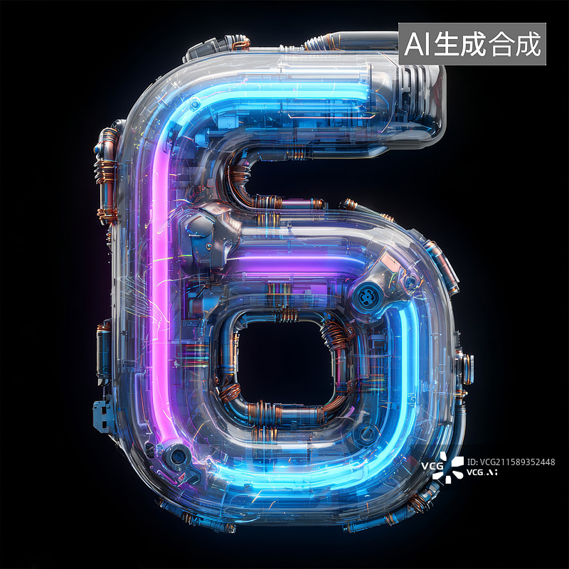 【AI数字艺术】霓虹灯管构成的数字6图片素材