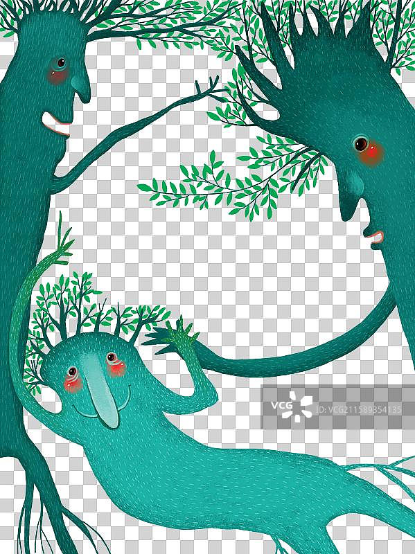 免抠插画元素  三个树精灵在玩闹图片素材