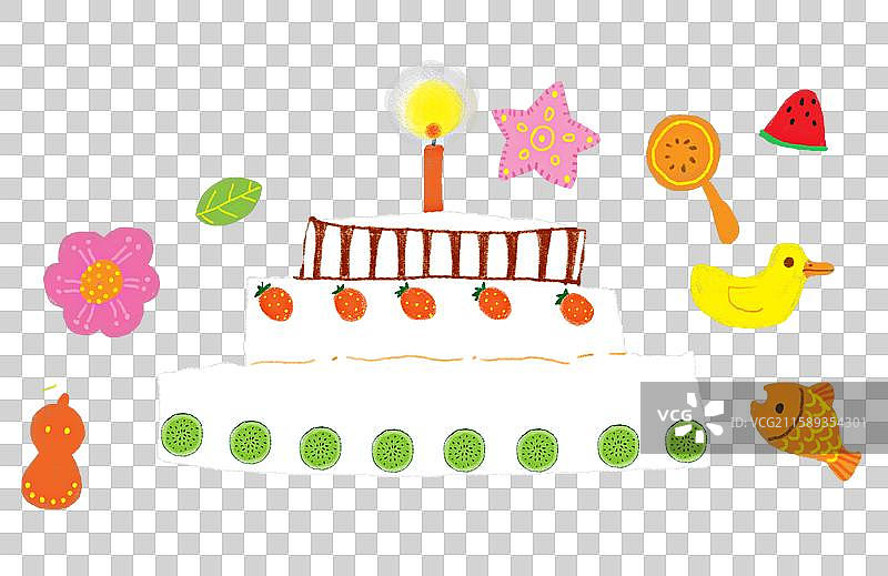免抠插画元素 蛋糕蜡烛小鸭子鱼西瓜元素图片素材
