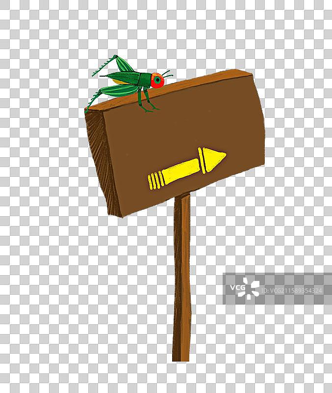 免抠插画元素  趴在指示标牌上的蟋蟀图片素材
