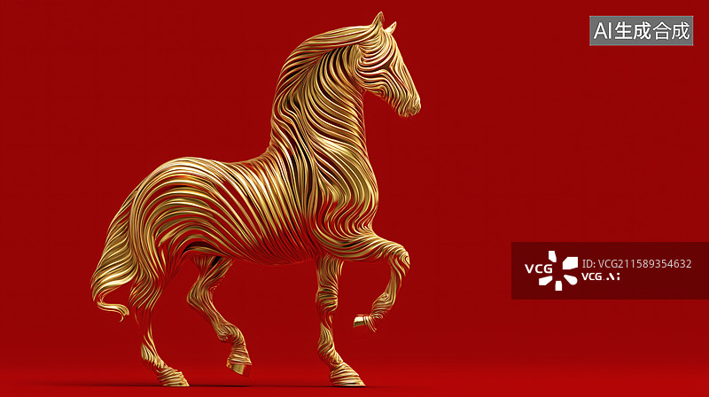 【AI数字艺术】金色骏马奔腾于红色背景，雕塑质感，充满力量与艺术图片素材