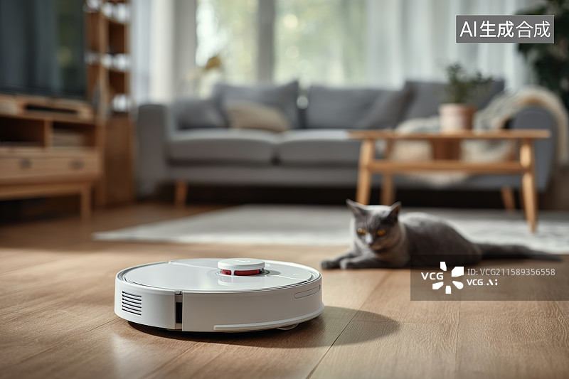 【AI数字艺术】室内智能扫地机器人清洁场景图片素材