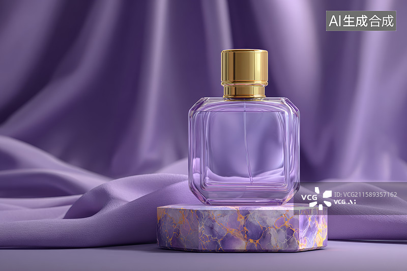 【AI数字艺术】紫色绸缎背景上的紫色瓶子图片素材