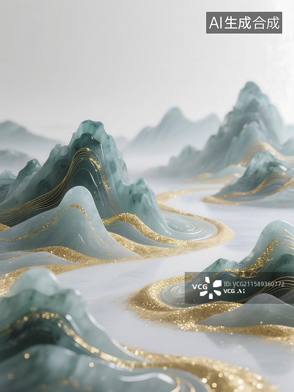 【AI数字艺术】蓝绿色高山，东方美学，金沙河流图片素材