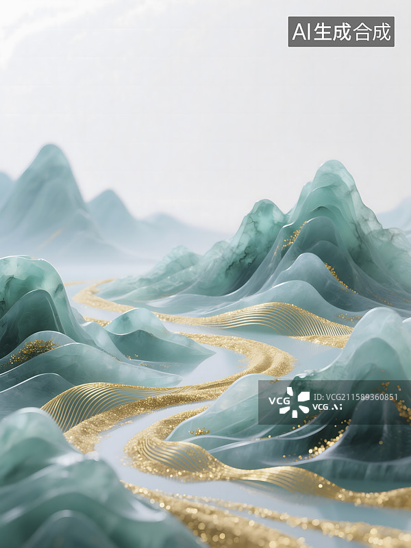 【AI数字艺术】蓝绿色高山，东方美学，金沙河流图片素材