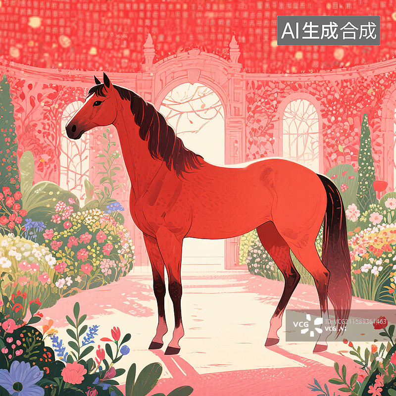 【AI数字艺术】马踏春风2026马年时尚潮流创意插图装饰画印花图案丝巾包装主视觉手绘风格背景壁纸鲜花盛开花园红色主题图片素材