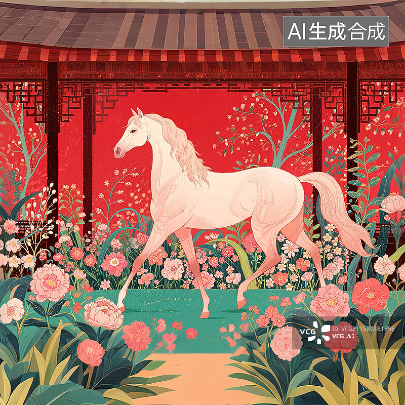 【AI数字艺术】马踏春风2026马年时尚潮流创意插图装饰画印花图案丝巾包装主视觉手绘风格背景壁纸鲜花盛开花园红色主题图片素材