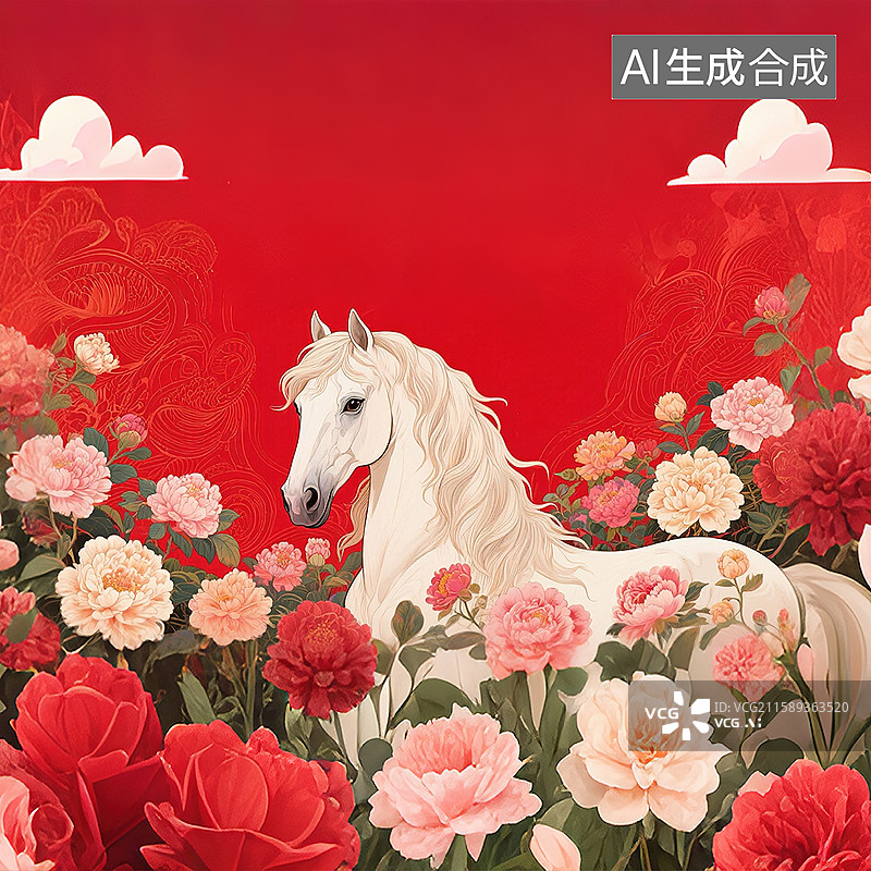 【AI数字艺术】鲜衣怒马2026白马年时尚潮流创意插图装饰画印花图案丝巾包装主视觉手绘风格背景壁纸鲜花盛开花园红背景图片素材