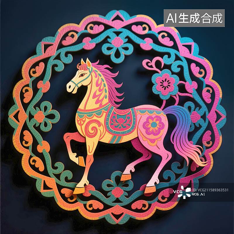 【AI数字艺术】神驹献瑞2026年吉祥图案传统纹样装饰画新国风立体剪纸皮影风格唐朝敦煌团花圆形构图时尚潮流渐变彩色图片素材