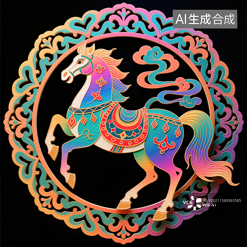 【AI数字艺术】神驹献瑞2026年吉祥图案传统纹样装饰画新国风立体剪纸皮影风格唐朝敦煌团花圆形构图时尚潮流渐变彩色图片素材