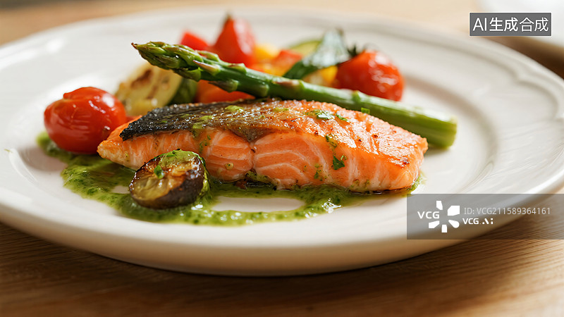 【AI数字艺术】地中海风情：香煎三文鱼与鲜蔬图片素材
