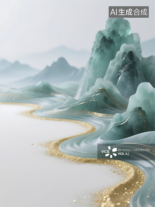 【AI数字艺术】蓝绿色高山，东方美学，金沙河流图片素材