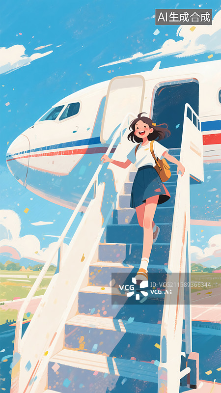 【AI数字艺术】下飞机的女生插画图片素材