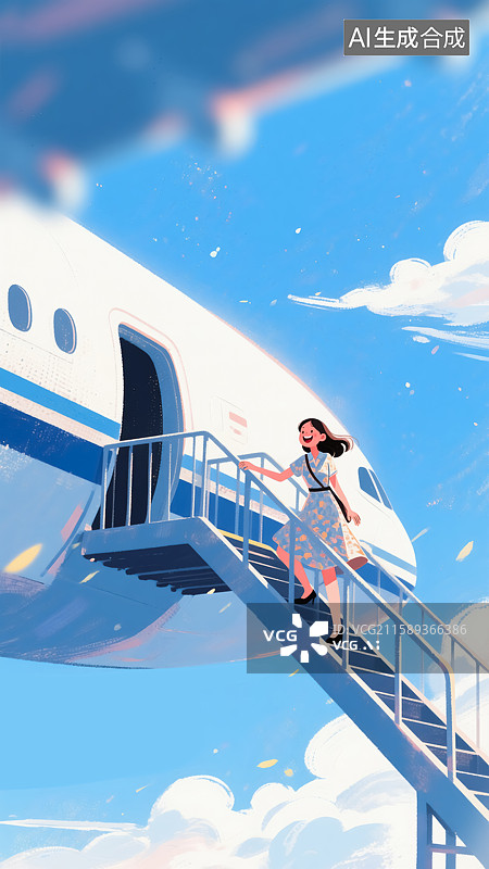 【AI数字艺术】下飞机的女生插画图片素材