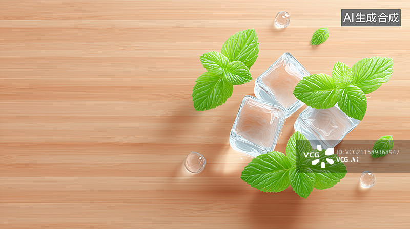 【AI数字艺术】木板上的冰块与薄荷清凉场景图片素材