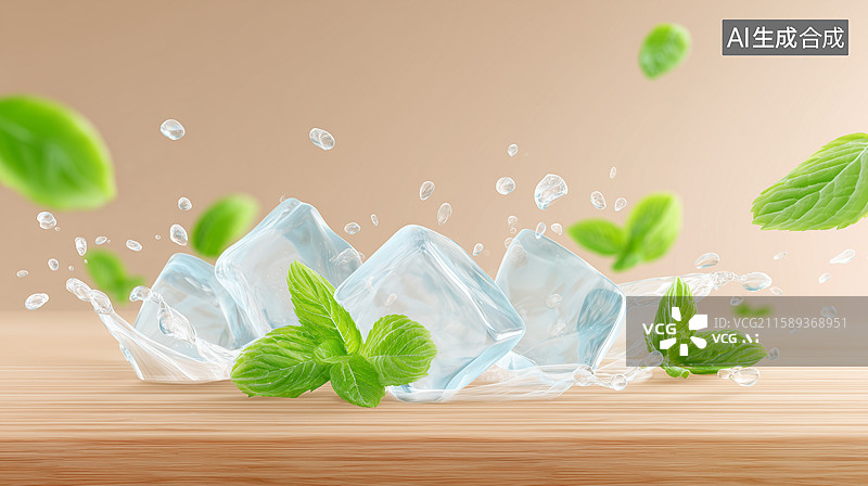 【AI数字艺术】木板上的冰块与薄荷清凉场景图片素材