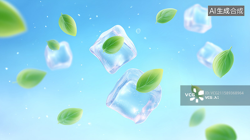 【AI数字艺术】3D冰块绿叶飞舞清凉夏日场景图片素材