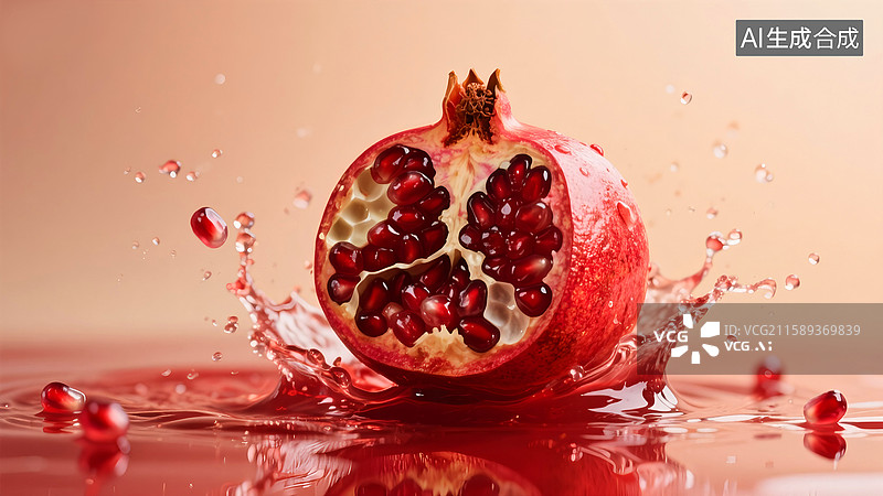【AI数字艺术】宝石般的成熟的石榴果实在红色石榴汁里溅起水花图片素材