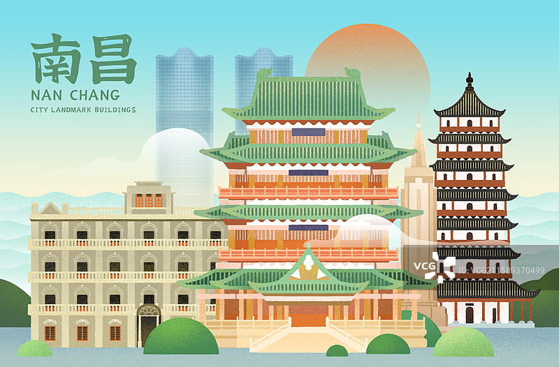 南昌地标建筑滕王阁绳金塔纪念碑双子塔插画图片素材