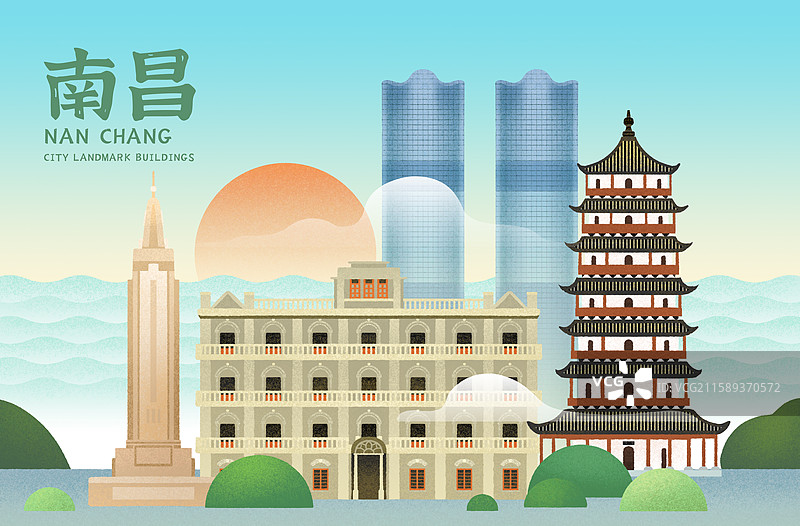 江西南昌地标建筑手绘插画图片素材