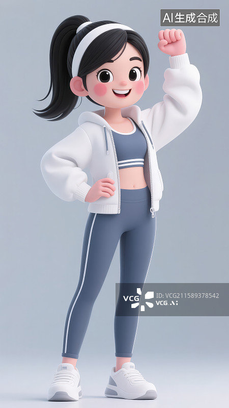 【AI数字艺术】卡通长发戴束发带穿瑜伽健身服饰的年轻女子健身运动图片素材