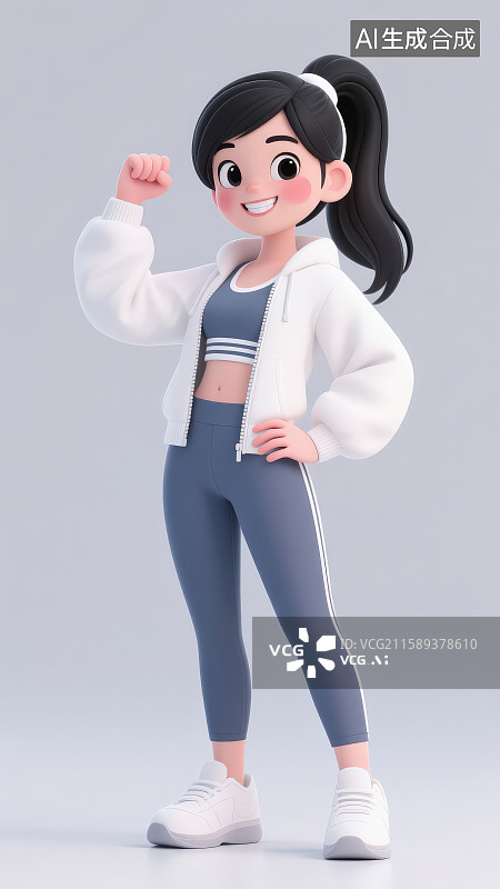【AI数字艺术】卡通长发戴束发带穿瑜伽健身服饰的年轻女子健身运动图片素材