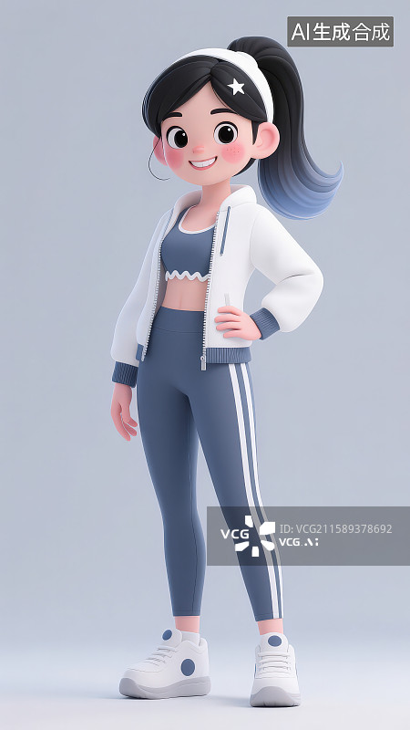 【AI数字艺术】卡通长发戴束发带穿瑜伽健身服饰的年轻女子健身运动图片素材