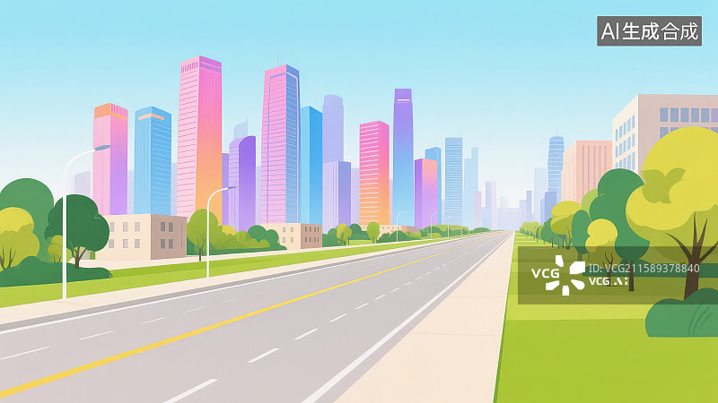 【AI数字艺术】扁平化风格空旷的城市建筑和都市道路公路风光背景图片素材