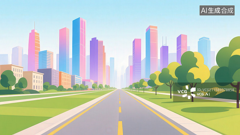 【AI数字艺术】扁平化风格空旷的城市建筑和都市道路公路风光背景图片素材