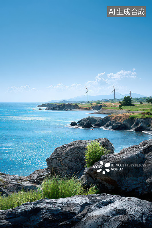 【AI数字艺术】碧海蓝天风车山峦海岸风光图图片素材